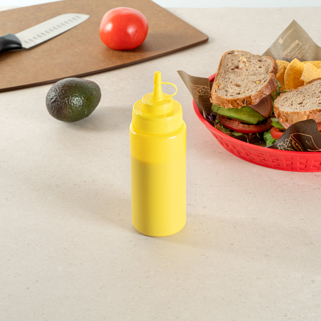 Sauce Tek 16 oz Yellow Plastic Squeeze Bottle - with Cap, Wide Mouth - 2 1/2" x 2 1/2" x 7 3/4" - 1 count box