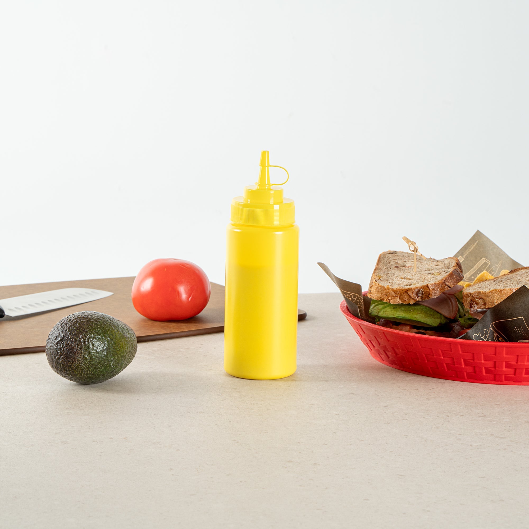 Sauce Tek 16 oz Yellow Plastic Squeeze Bottle - with Cap, Wide Mouth - 2 1/2" x 2 1/2" x 7 3/4" - 1 count box