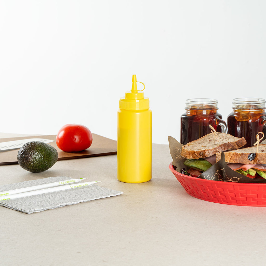 Sauce Tek 16 oz Yellow Plastic Squeeze Bottle - with Cap, Wide Mouth - 2 1/2" x 2 1/2" x 7 3/4" - 1 count box