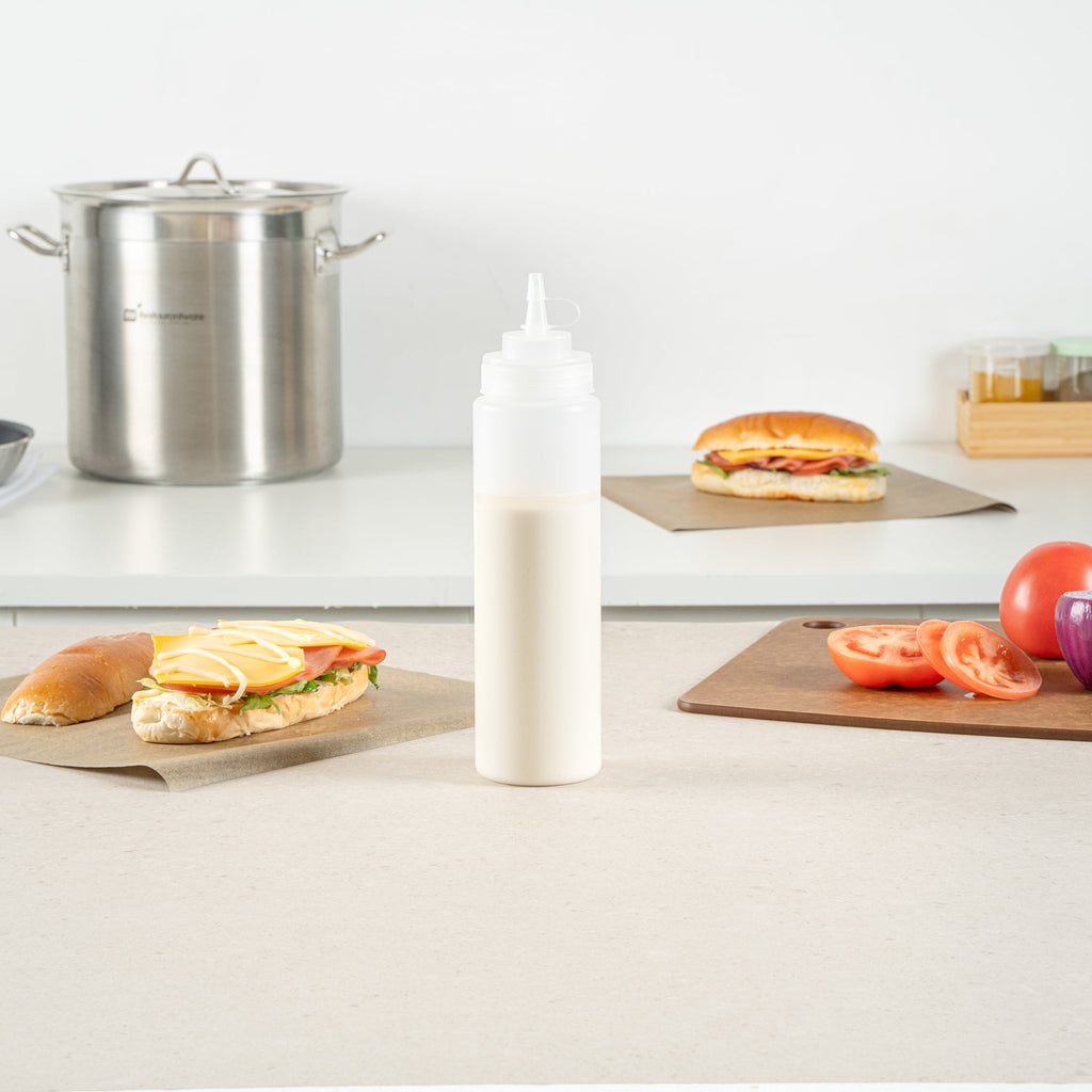 Sauce Tek 24 oz Clear Plastic Squeeze Bottle - with Cap, Wide Mouth - 2 1/2" x 2 1/2" x 10 1/4" - 1 count box