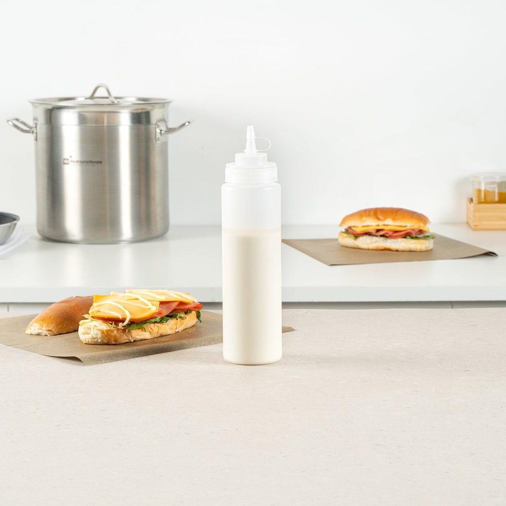 Sauce Tek 24 oz Clear Plastic Squeeze Bottle - with Cap, Wide Mouth - 2 1/2" x 2 1/2" x 10 1/4" - 1 count box