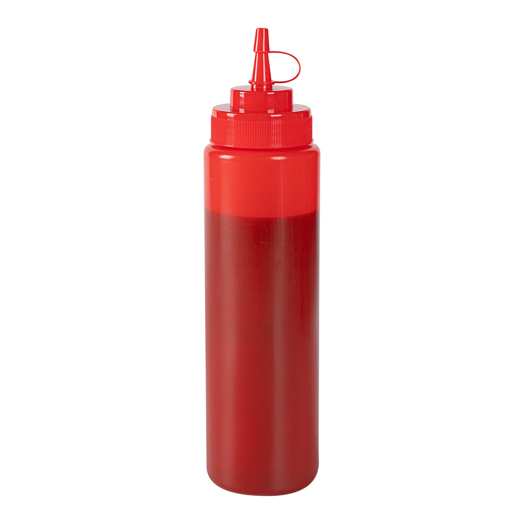 Sauce Tek 24 oz Red Plastic Squeeze Bottle - with Cap, Wide Mouth - 2 1/2" x 2 1/2" x 10 1/4" - 1 count box
