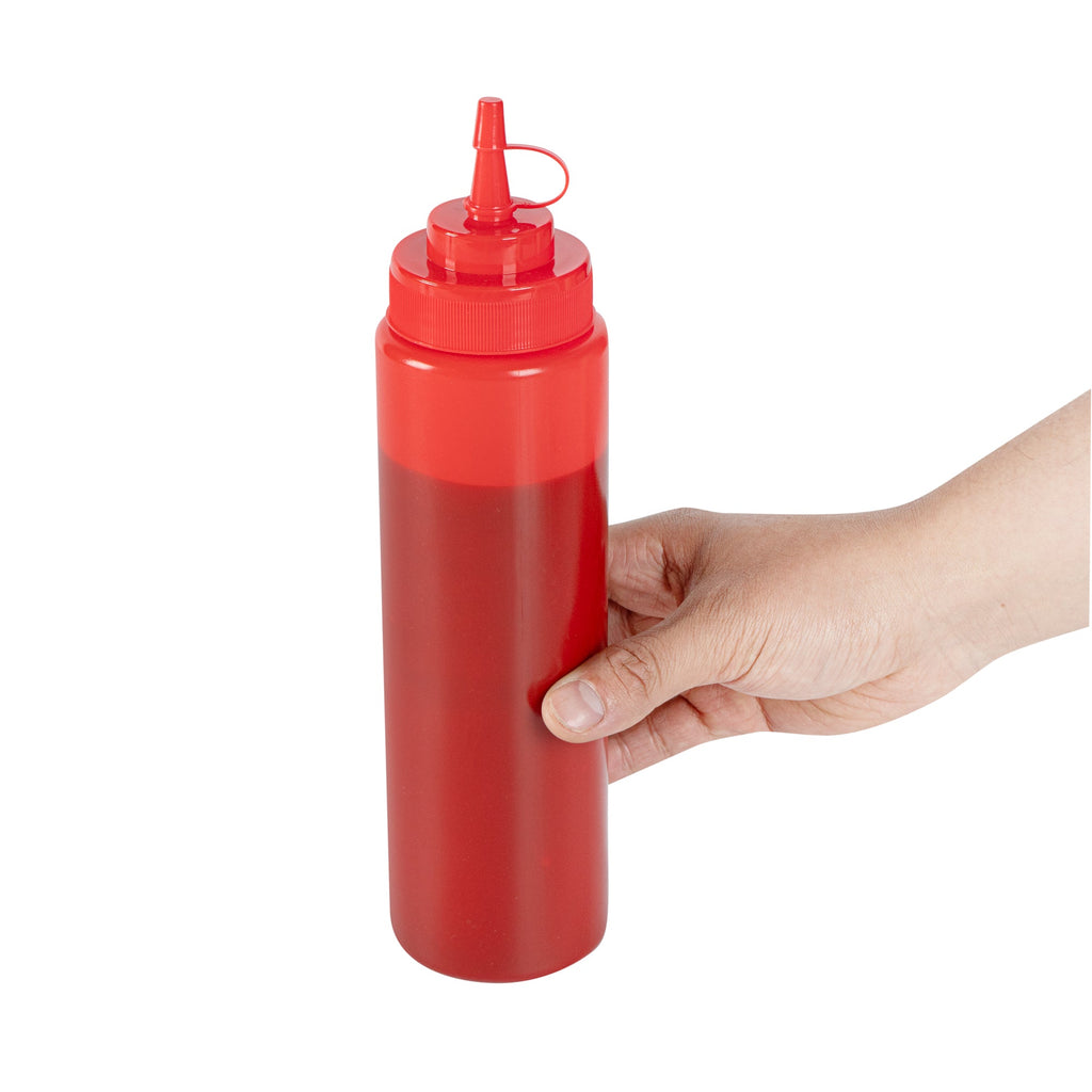 Sauce Tek 24 oz Red Plastic Squeeze Bottle - with Cap, Wide Mouth - 2 1/2" x 2 1/2" x 10 1/4" - 1 count box