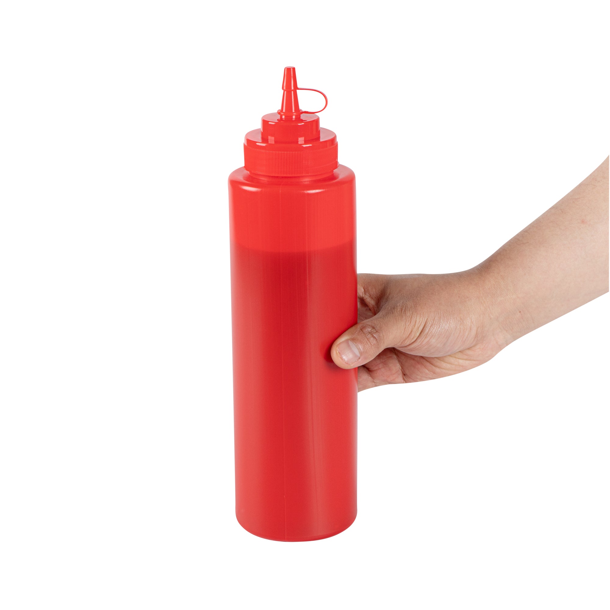 Sauce Tek 32 oz Red Plastic Squeeze Bottle - with Cap, Wide Mouth - 3" x 3" x 11 1/2" - 1 count box