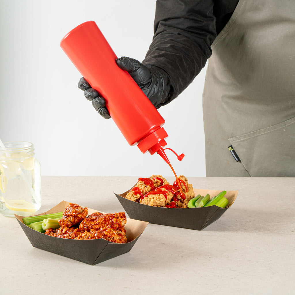 Sauce Tek 32 oz Red Plastic Squeeze Bottle - with Cap, Wide Mouth - 3" x 3" x 11 1/2" - 1 count box