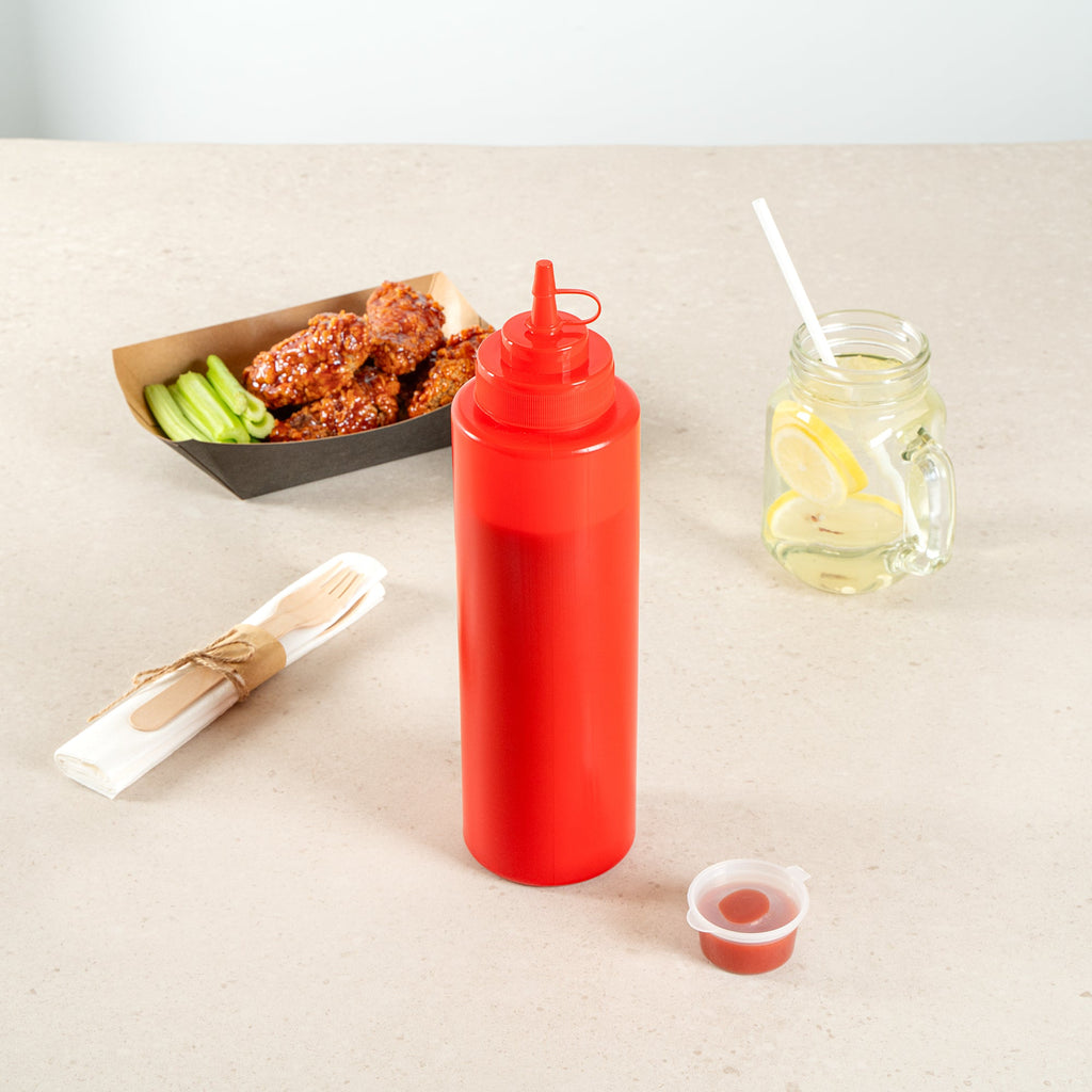 Sauce Tek 32 oz Red Plastic Squeeze Bottle - with Cap, Wide Mouth - 3" x 3" x 11 1/2" - 1 count box