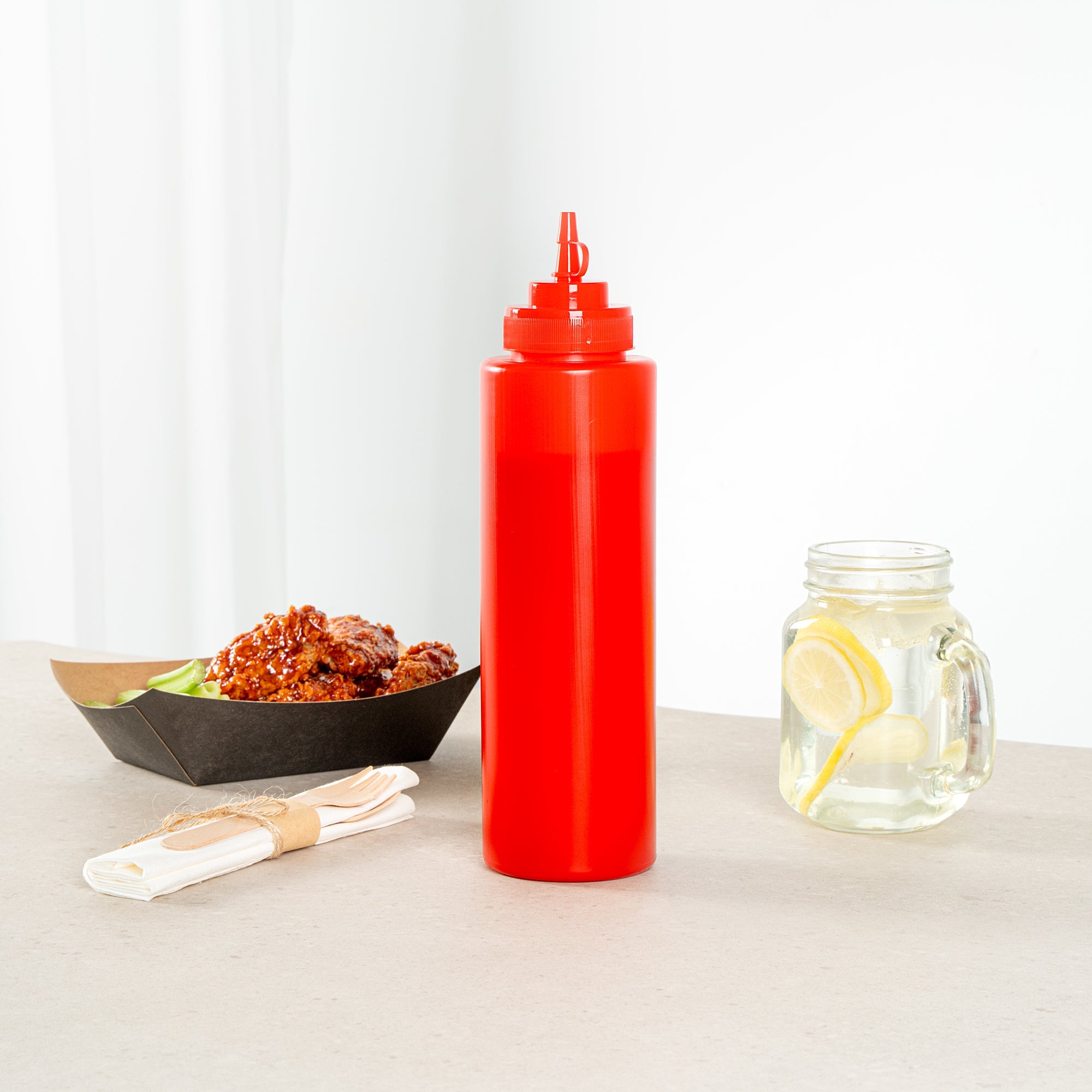 Sauce Tek 32 oz Red Plastic Squeeze Bottle - with Cap, Wide Mouth - 3" x 3" x 11 1/2" - 1 count box