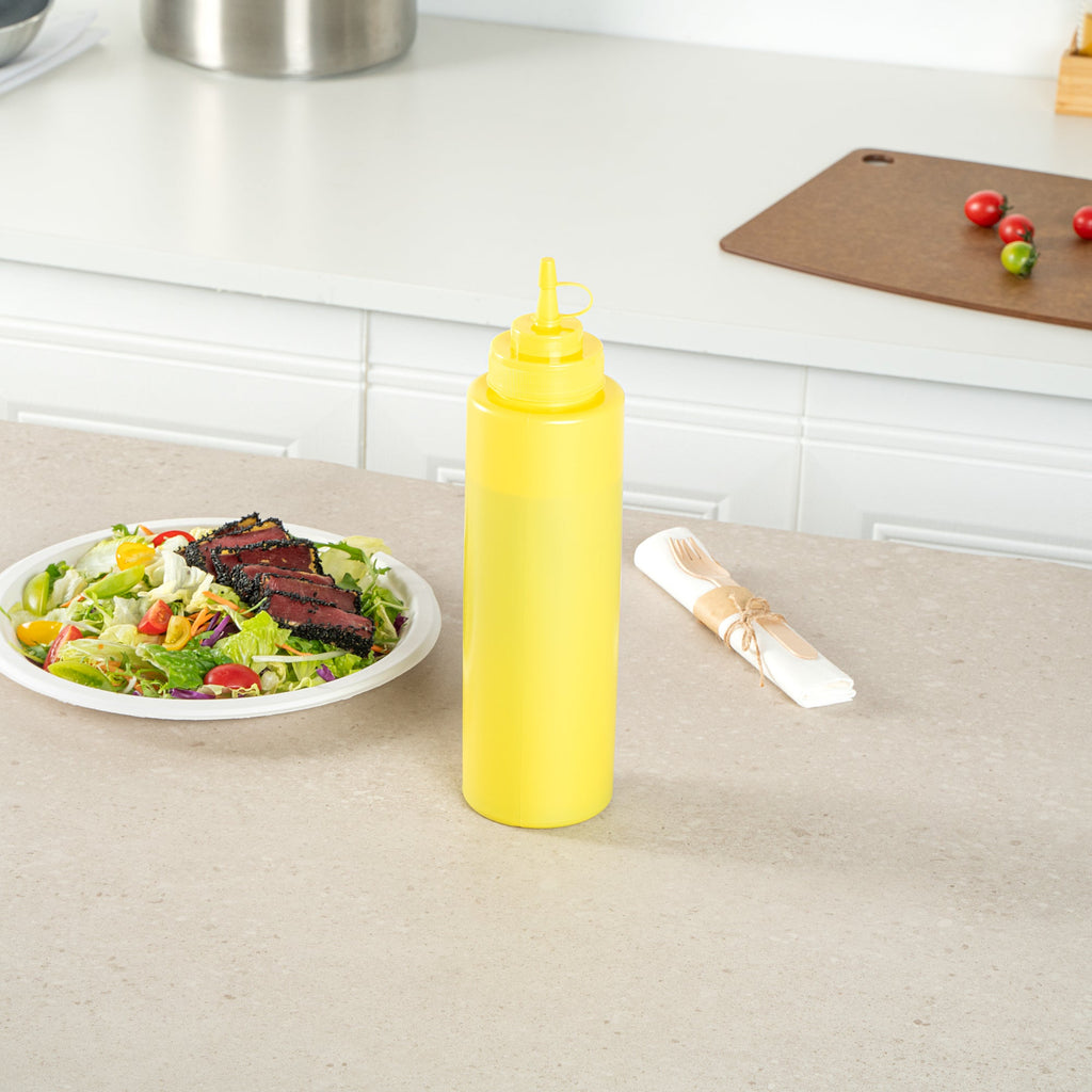 Sauce Tek 32 oz Yellow Plastic Squeeze Bottle - with Cap, Wide Mouth - 3" x 3" x 11 1/2" - 1 count box