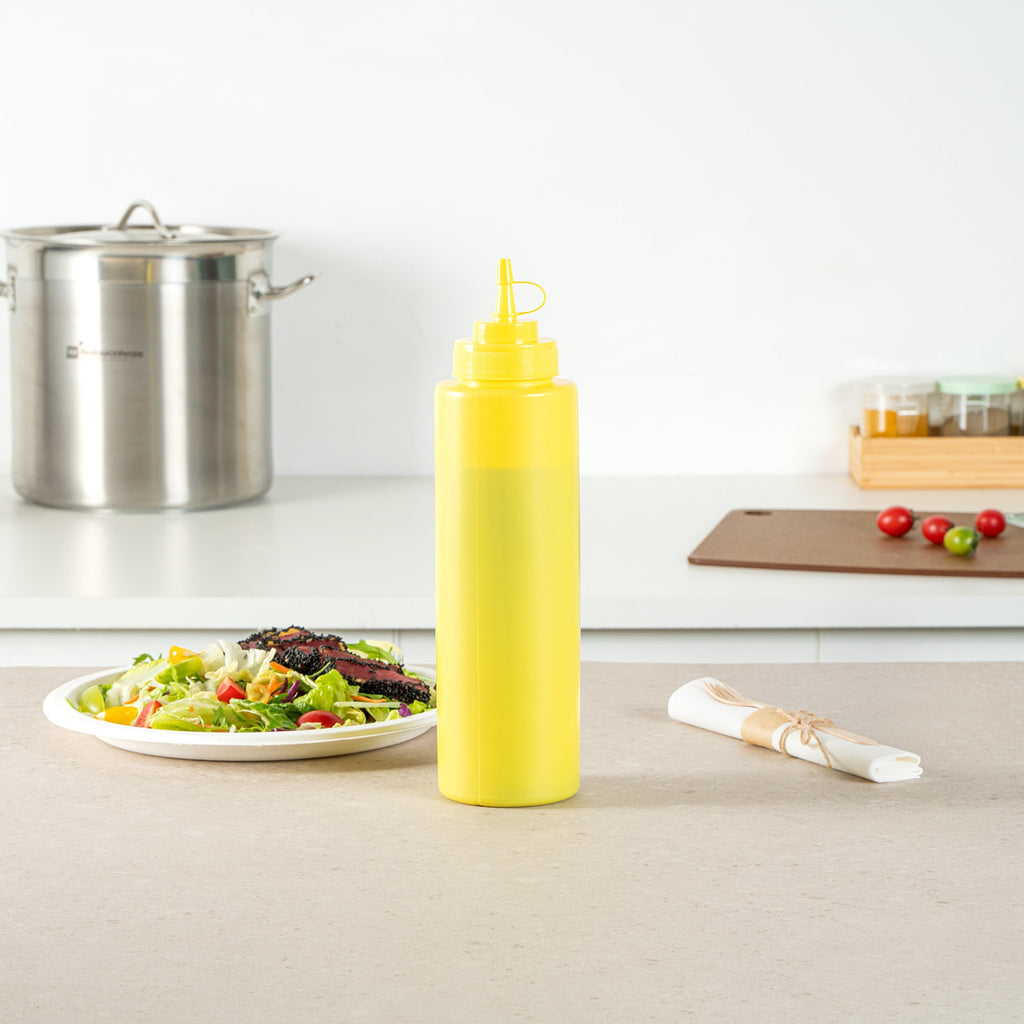 Sauce Tek 32 oz Yellow Plastic Squeeze Bottle - with Cap, Wide Mouth - 3" x 3" x 11 1/2" - 1 count box