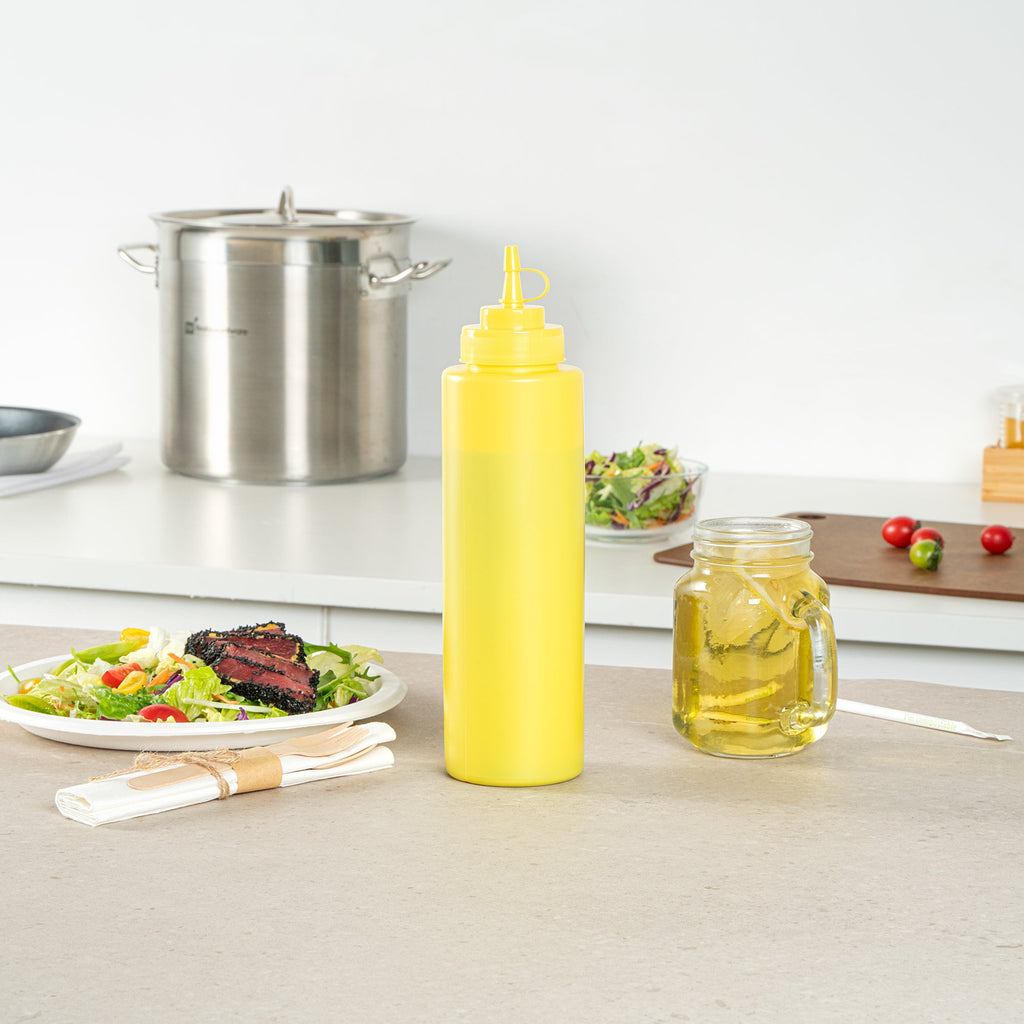 Sauce Tek 32 oz Yellow Plastic Squeeze Bottle - with Cap, Wide Mouth - 3" x 3" x 11 1/2" - 1 count box