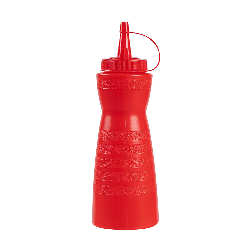 Sauce Tek 12 oz Red Plastic Squeeze Bottle - with Cap - 2 1/4" x 2 1/4" x 7 3/4" - 1 count box