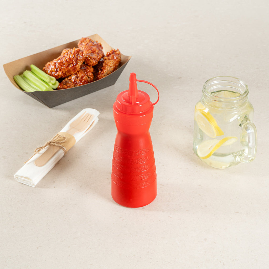 Sauce Tek 12 oz Red Plastic Squeeze Bottle - with Cap - 2 1/4" x 2 1/4" x 7 3/4" - 1 count box