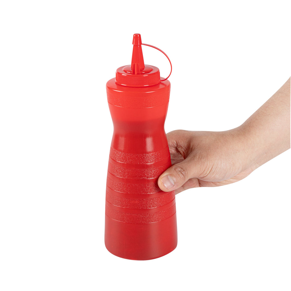 Sauce Tek 12 oz Red Plastic Squeeze Bottle - with Cap - 2 1/4" x 2 1/4" x 7 3/4" - 1 count box