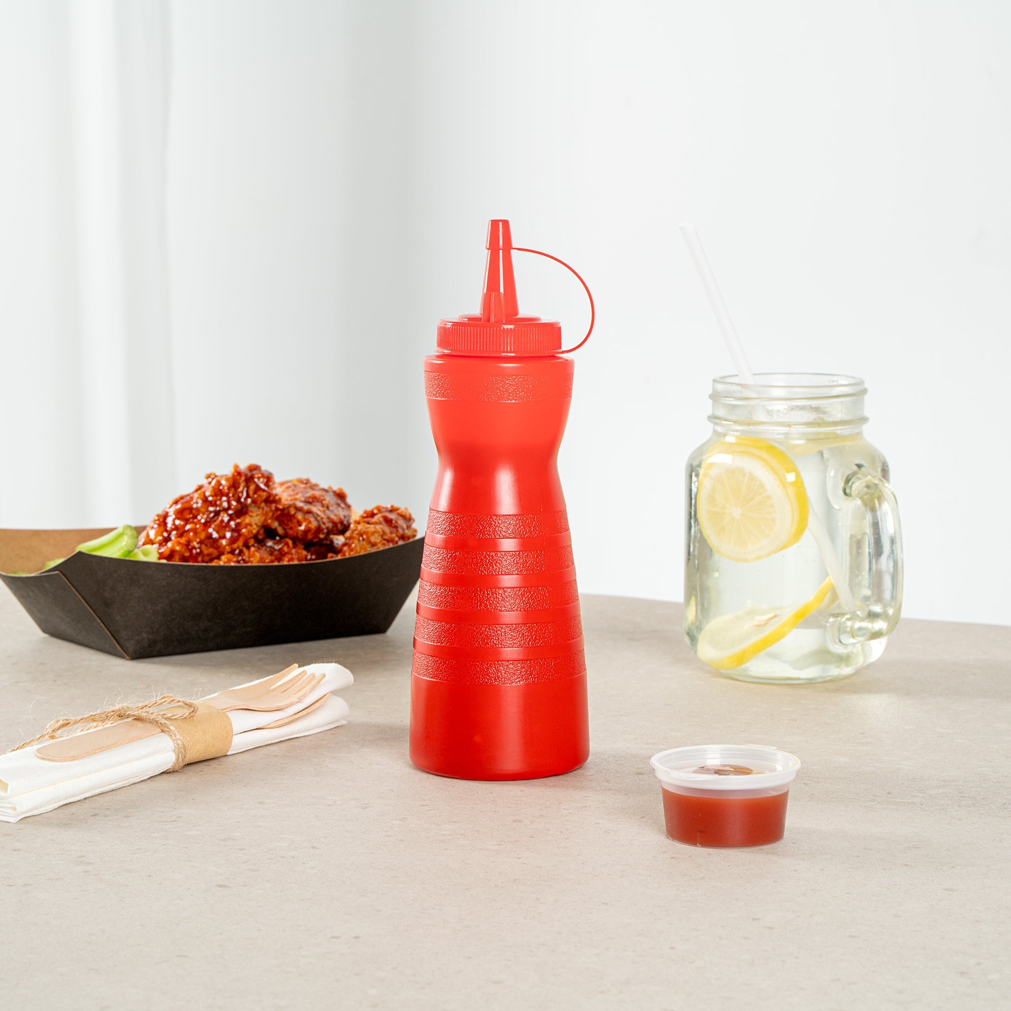 Sauce Tek 12 oz Red Plastic Squeeze Bottle - with Cap - 2 1/4" x 2 1/4" x 7 3/4" - 1 count box
