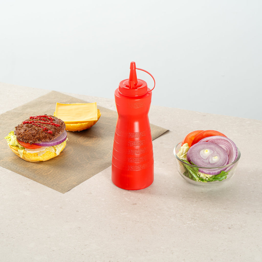 Sauce Tek 16 oz Red Plastic Squeeze Bottle - with Cap - 2 3/4" x 2 3/4" x 7 3/4" - 1 count box