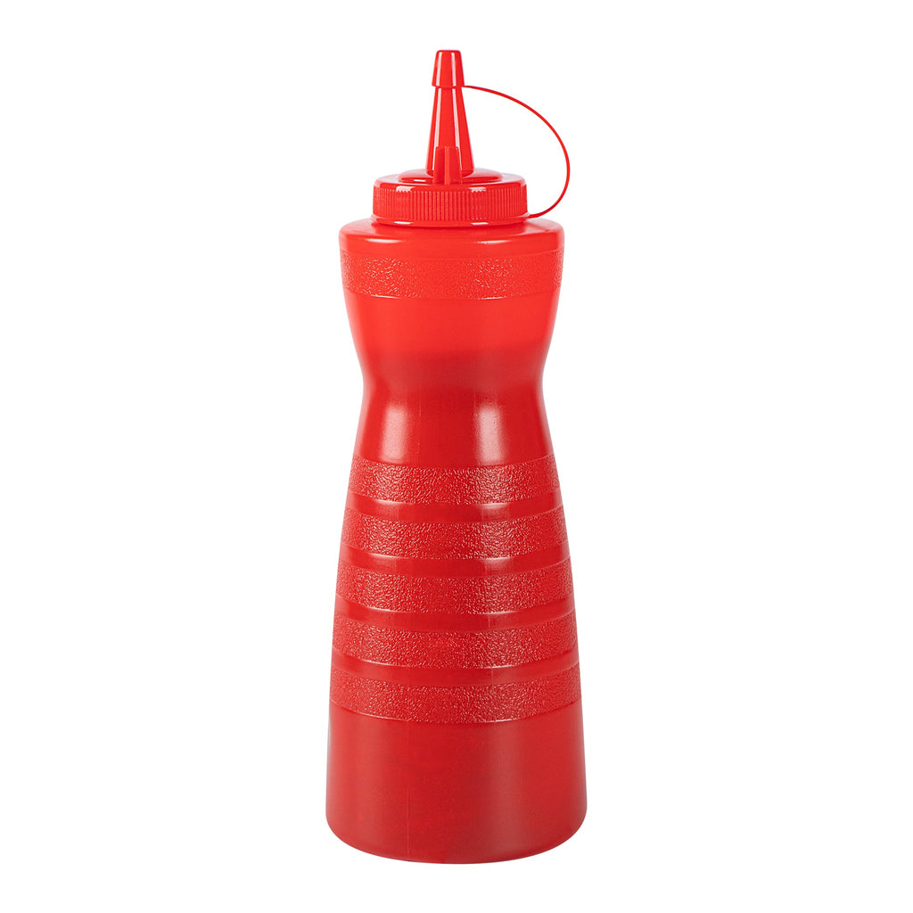 Sauce Tek 24 oz Red Plastic Squeeze Bottle - with Cap - 2 3/4" x 2 3/4" x 10 1/4" - 1 count box