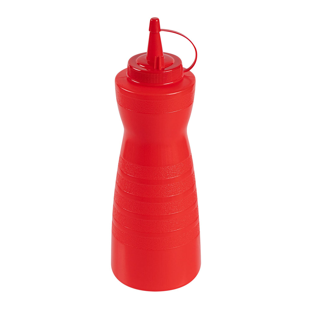 Sauce Tek 24 oz Red Plastic Squeeze Bottle - with Cap - 2 3/4" x 2 3/4" x 10 1/4" - 1 count box