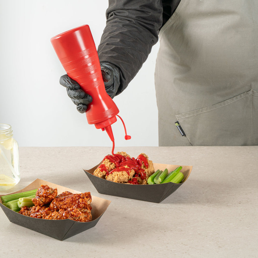 Sauce Tek 24 oz Red Plastic Squeeze Bottle - with Cap - 2 3/4" x 2 3/4" x 10 1/4" - 1 count box