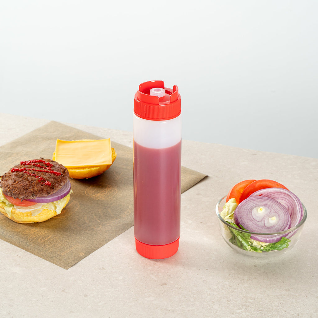 First In First Out 16 oz Red Plastic Squeeze Bottle - Inverted, Refill & Dispensing Lid - 2 1/4" x 2 1/4" x 8 3/4" - 1 count box
