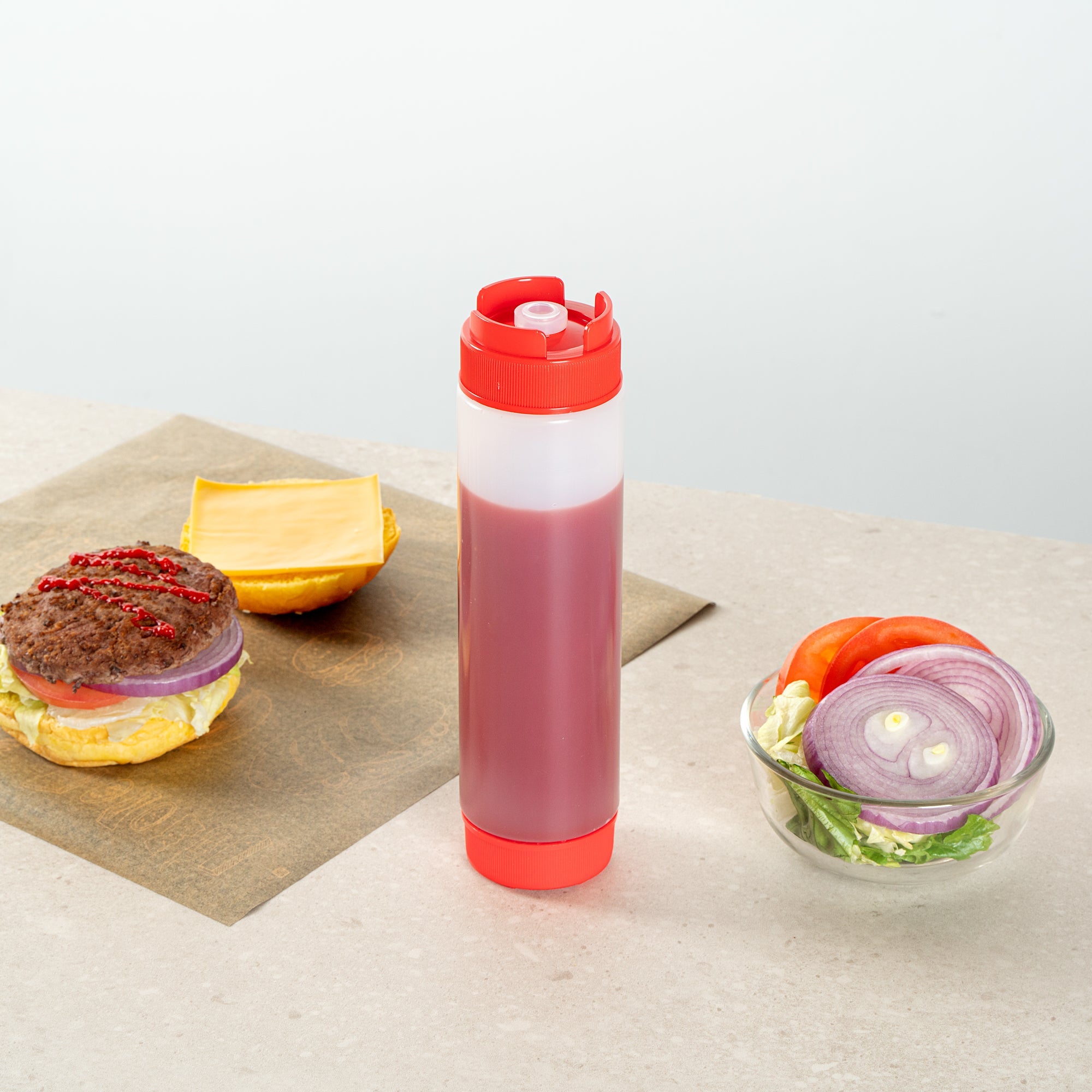 First In First Out 16 oz Red Plastic Squeeze Bottle - Inverted, Refill & Dispensing Lid - 2 1/4" x 2 1/4" x 8 3/4" - 1 count box