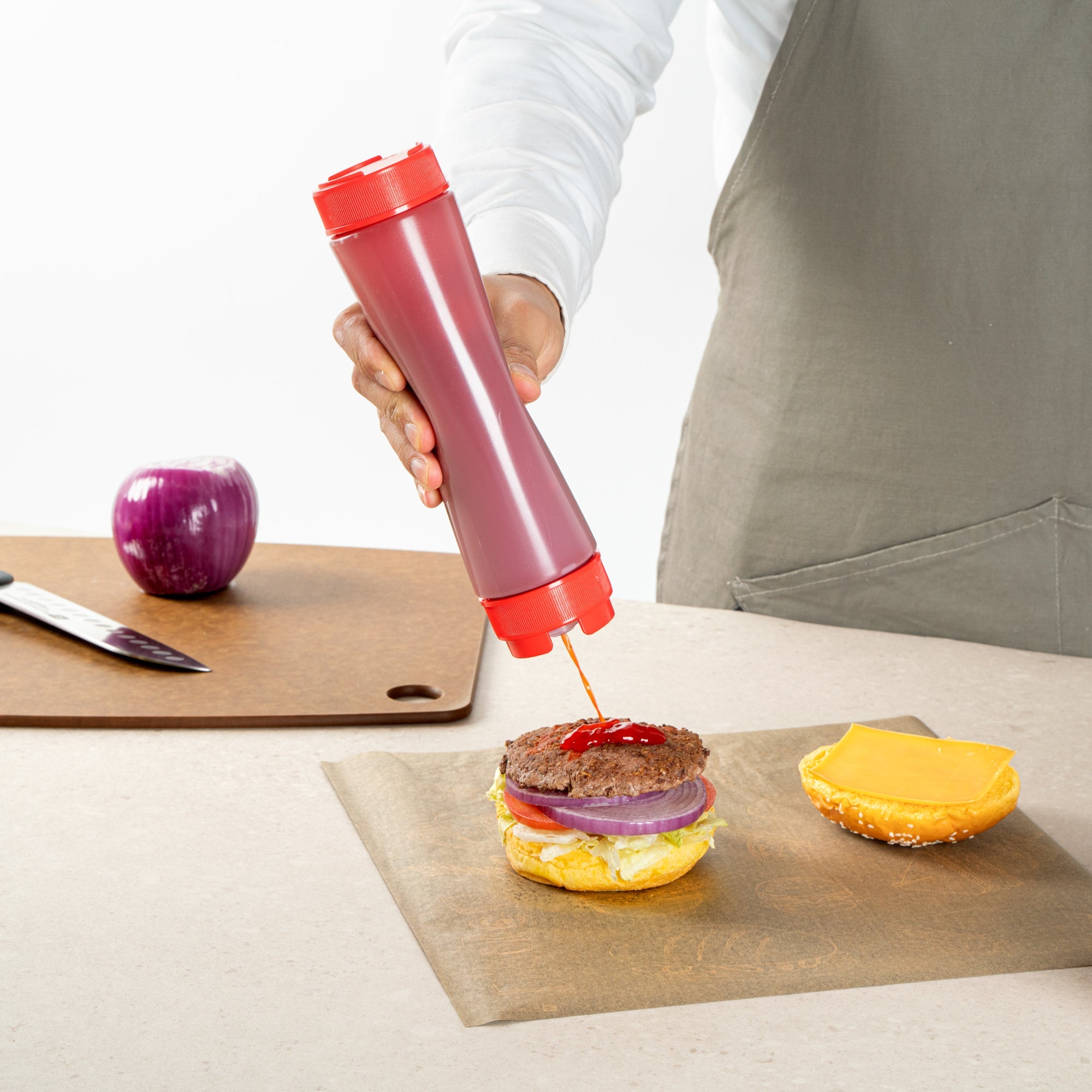 First In First Out 16 oz Red Plastic Squeeze Bottle - Inverted, Refill & Dispensing Lid - 2 1/4" x 2 1/4" x 8 3/4" - 1 count box
