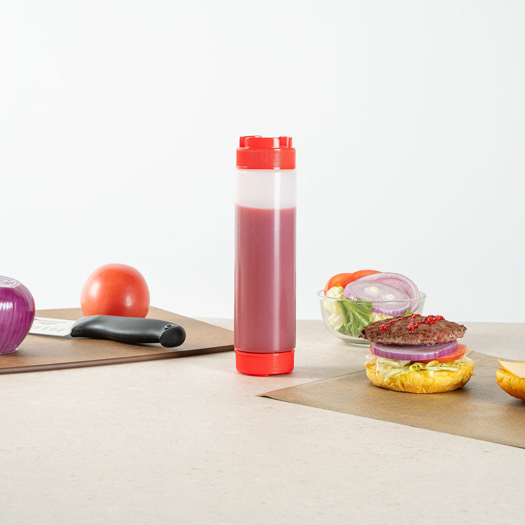 First In First Out 16 oz Red Plastic Squeeze Bottle - Inverted, Refill & Dispensing Lid - 2 1/4" x 2 1/4" x 8 3/4" - 1 count box
