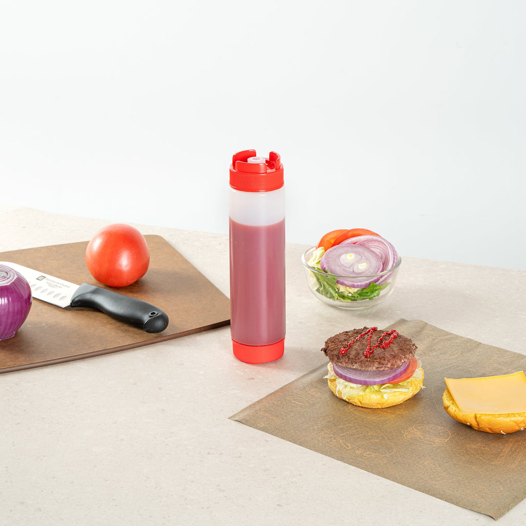 First In First Out 16 oz Red Plastic Squeeze Bottle - Inverted, Refill & Dispensing Lid - 2 1/4" x 2 1/4" x 8 3/4" - 1 count box