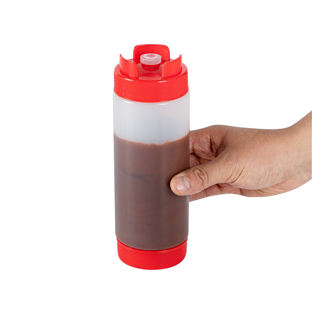 First In First Out 20 oz Red Plastic Squeeze Bottle - Inverted, Refill & Dispensing Lid - 2 3/4" x 2 3/4" x 7 3/4" - 1 count box