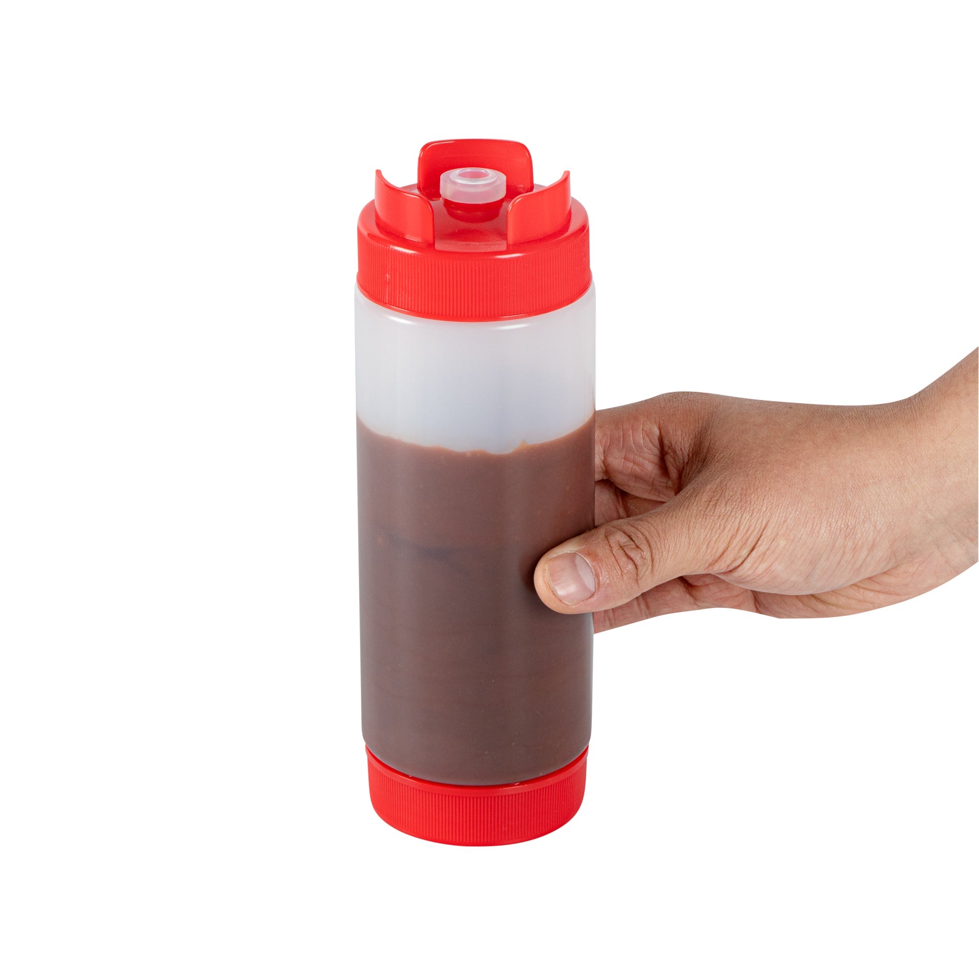 First In First Out 20 oz Red Plastic Squeeze Bottle - Inverted, Refill & Dispensing Lid - 2 3/4" x 2 3/4" x 7 3/4" - 1 count box
