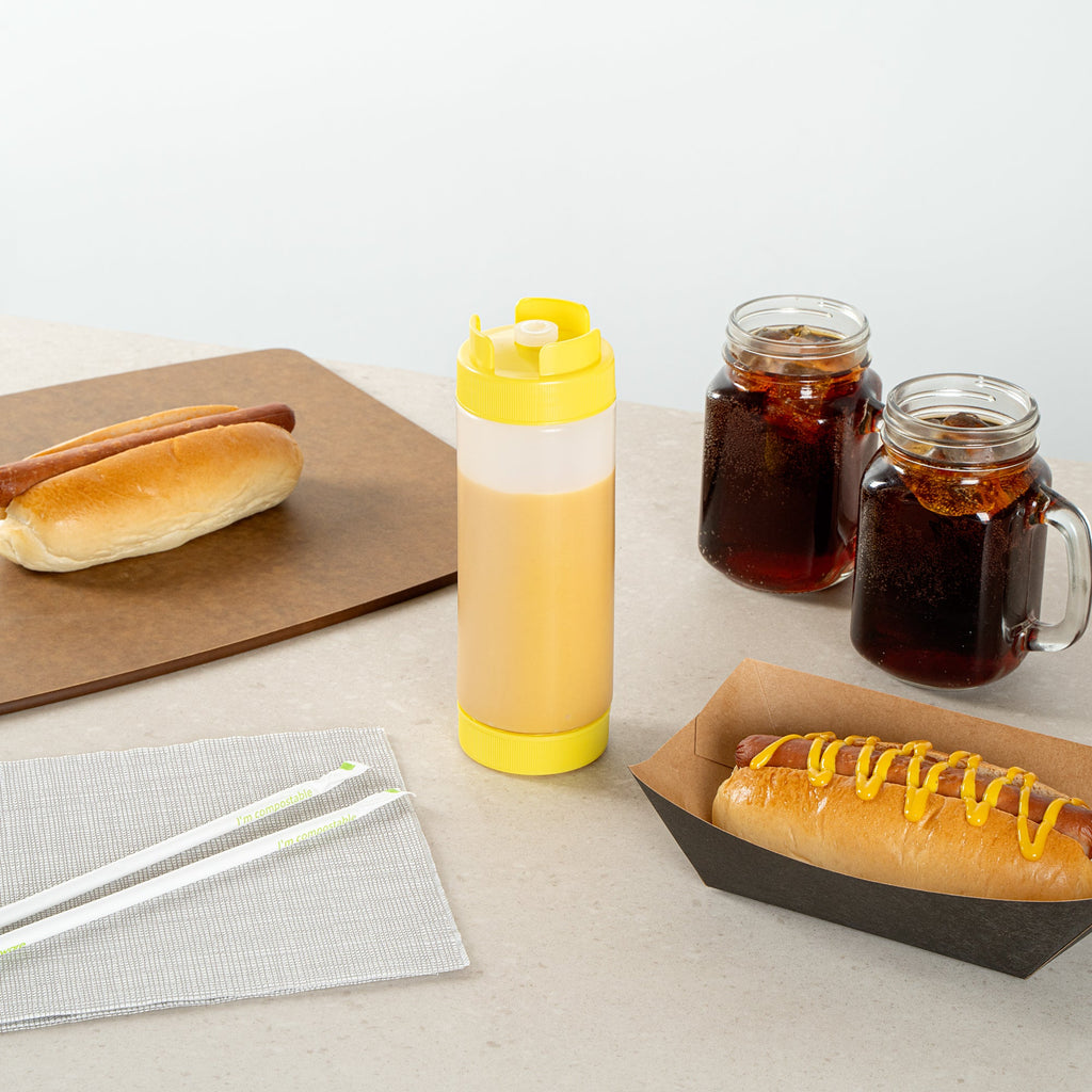 First In First Out 20 oz Yellow Plastic Squeeze Bottle - Inverted, Refill & Dispensing Lid - 2 3/4" x 2 3/4" x 7 3/4" - 1 count box