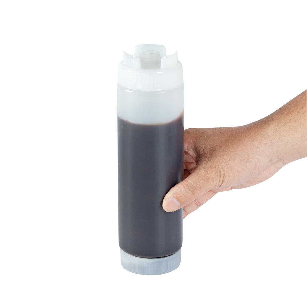 First In First Out 24 oz Clear Plastic Squeeze Bottle - Inverted, Refill & Dispensing Lid - 2 3/4" x 2 3/4" x 9 1/4" - 1 count box