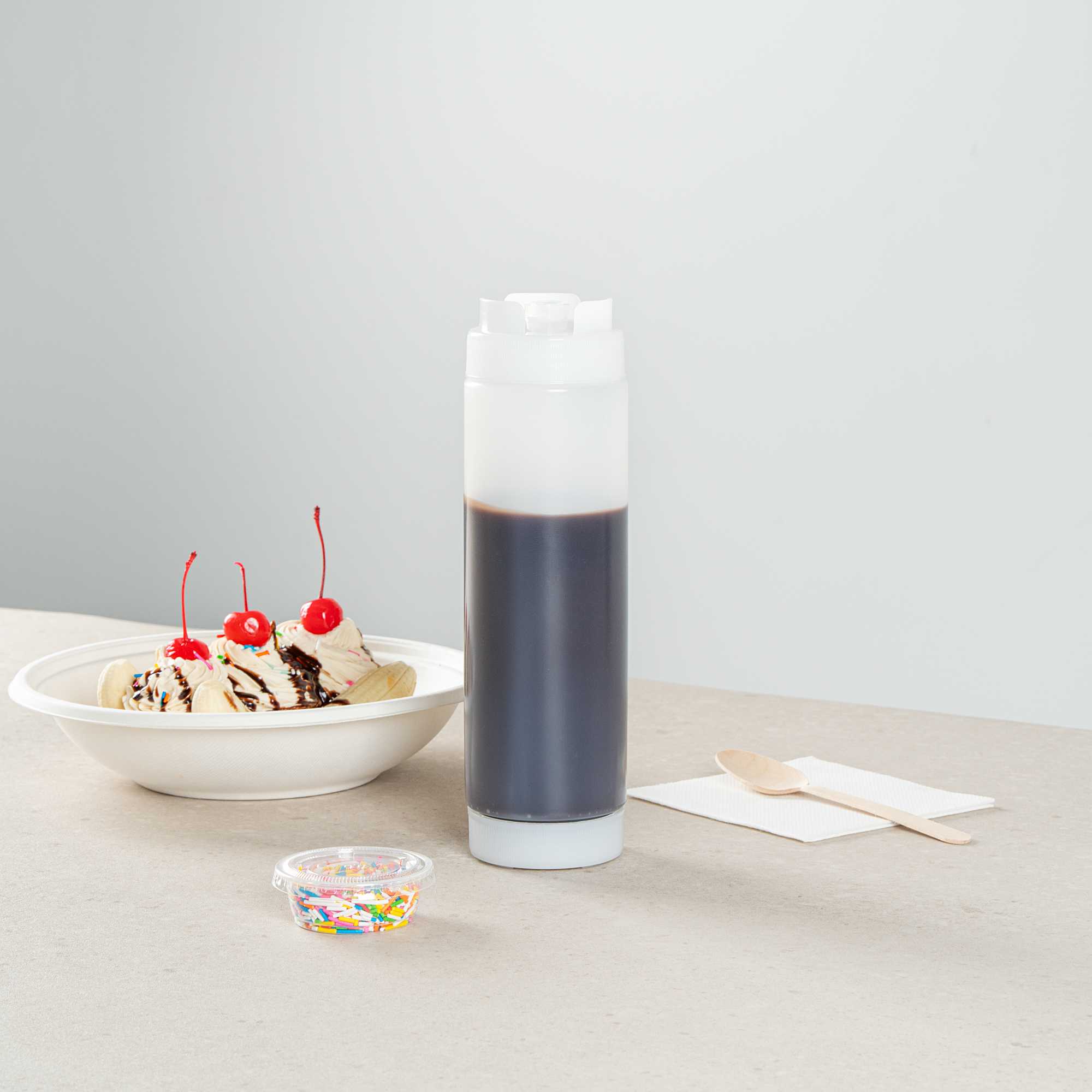 First In First Out 24 oz Clear Plastic Squeeze Bottle - Inverted, Refill & Dispensing Lid - 2 3/4" x 2 3/4" x 9 1/4" - 1 count box