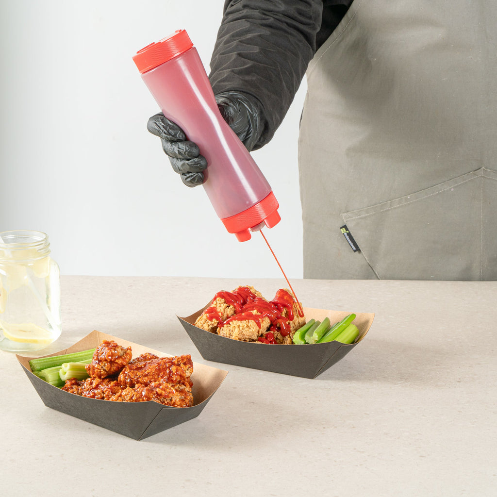 First In First Out 24 oz Red Plastic Squeeze Bottle - Inverted, Refill & Dispensing Lid - 2 3/4" x 2 3/4" x 9 1/4" - 1 count box