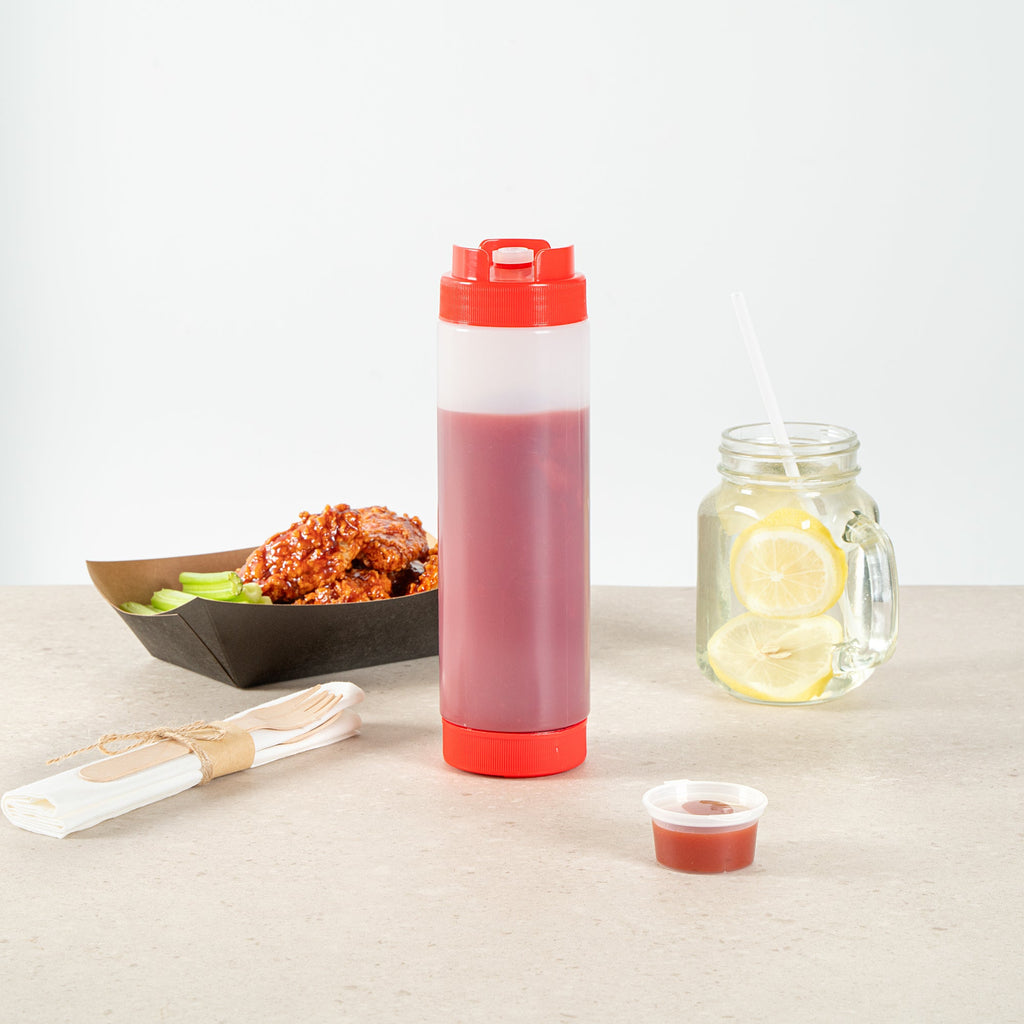 First In First Out 24 oz Red Plastic Squeeze Bottle - Inverted, Refill & Dispensing Lid - 2 3/4" x 2 3/4" x 9 1/4" - 1 count box