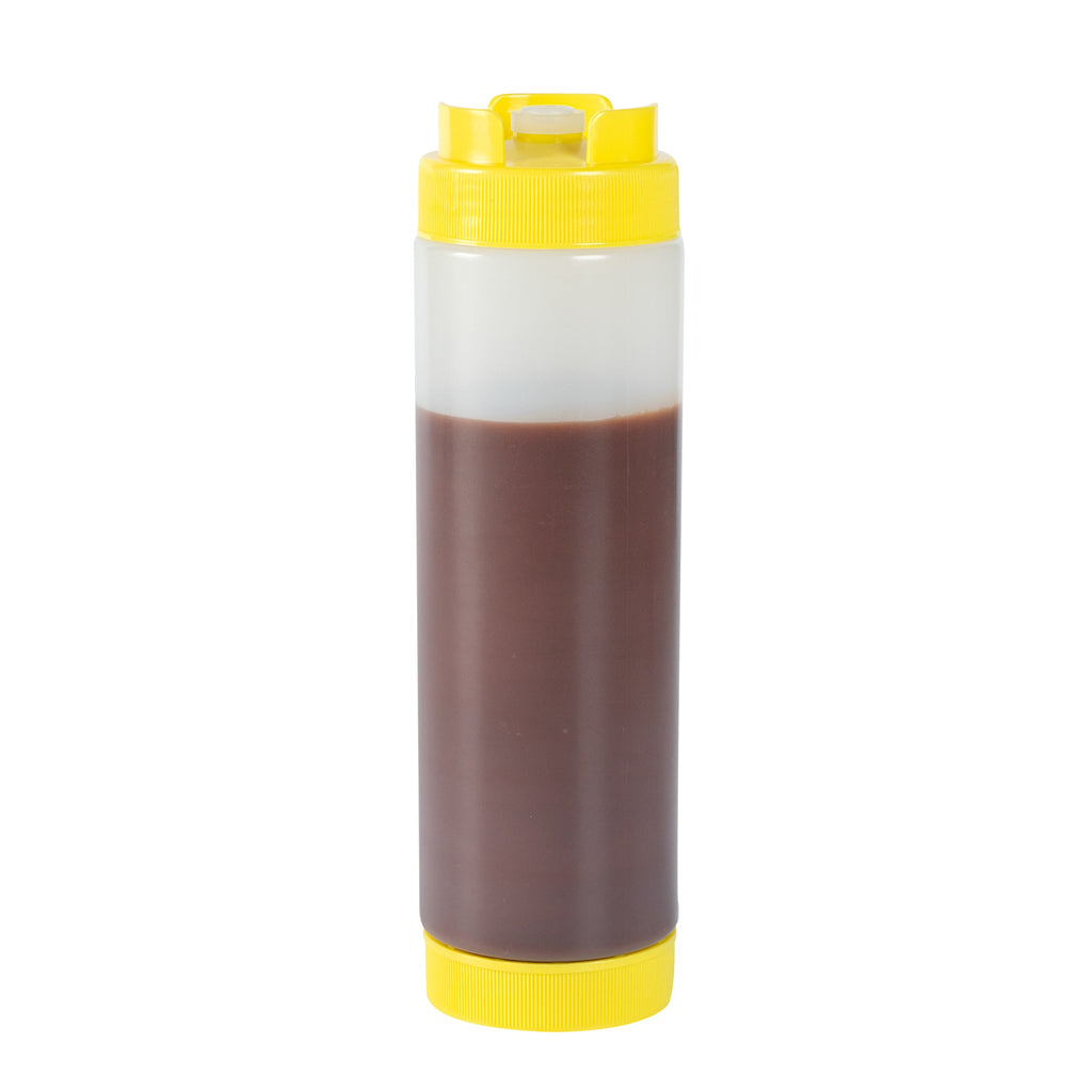 First In First Out 24 oz Yellow Plastic Squeeze Bottle - Inverted, Refill & Dispensing Lid - 2 3/4" x 2 3/4" x 9 1/4" - 1 count box