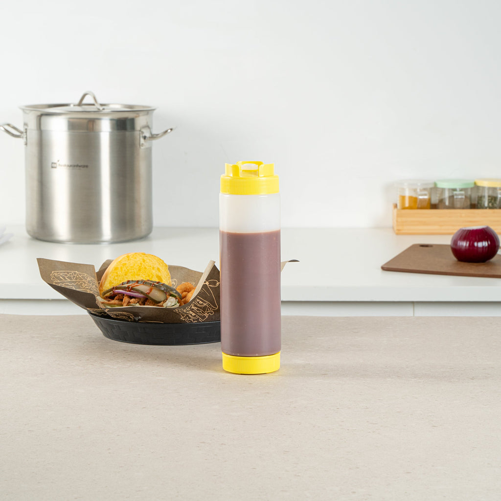 First In First Out 24 oz Yellow Plastic Squeeze Bottle - Inverted, Refill & Dispensing Lid - 2 3/4" x 2 3/4" x 9 1/4" - 1 count box