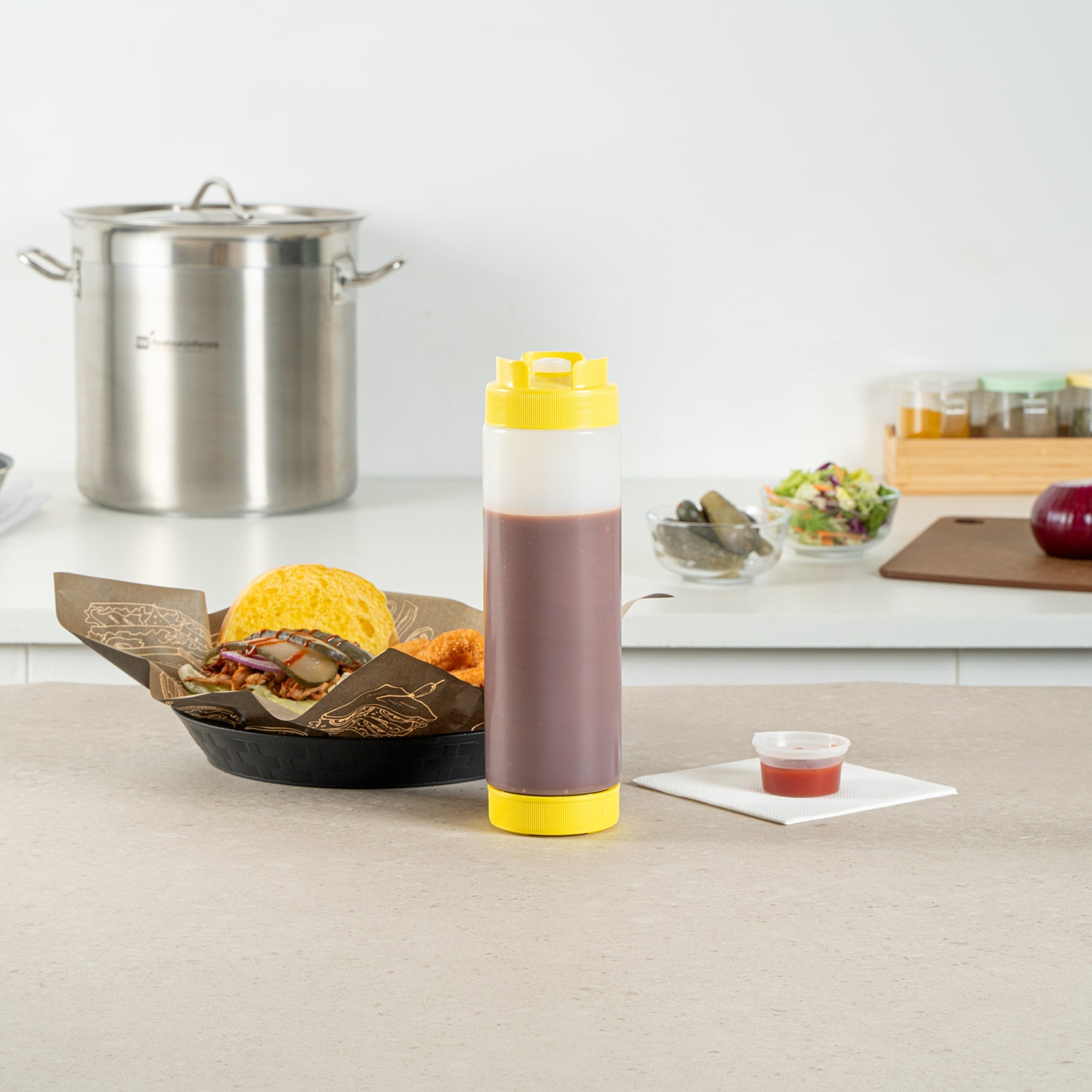 First In First Out 24 oz Yellow Plastic Squeeze Bottle - Inverted, Refill & Dispensing Lid - 2 3/4" x 2 3/4" x 9 1/4" - 1 count box