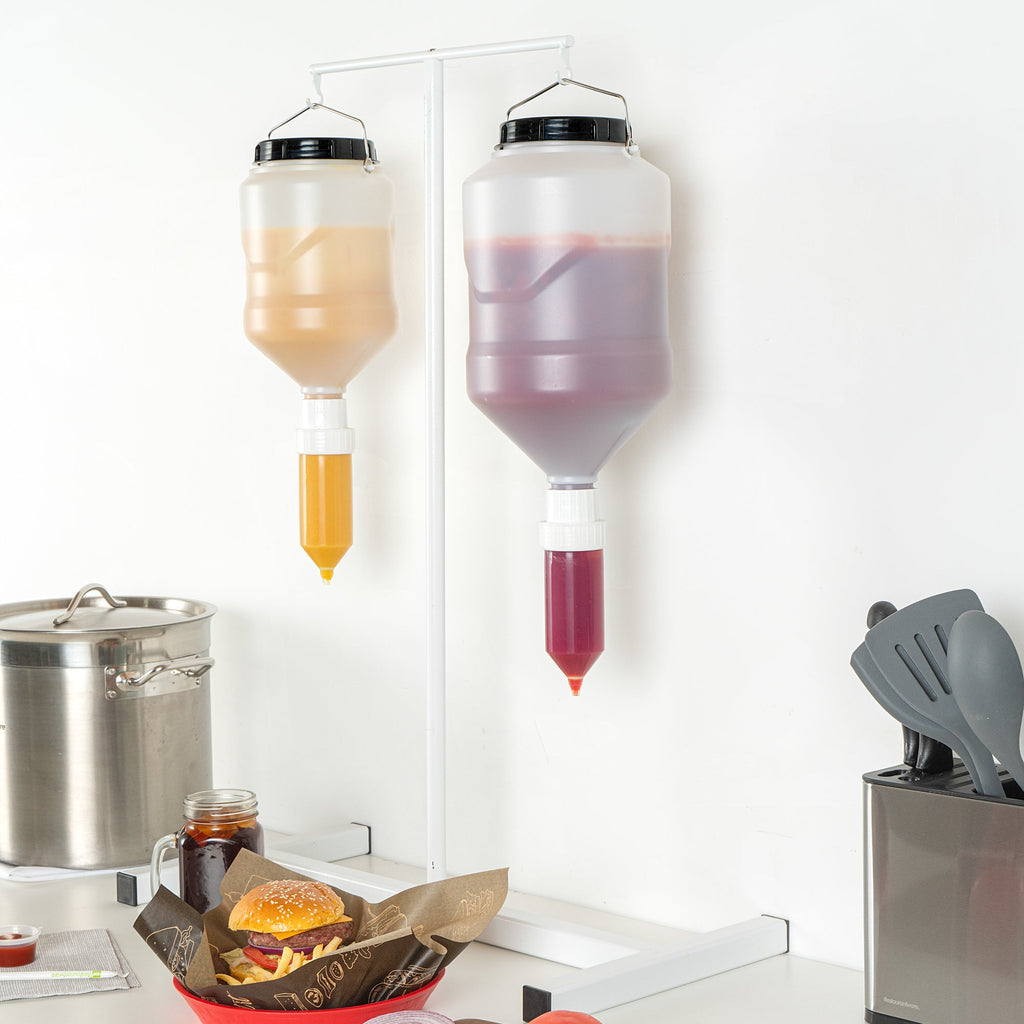Sauce Tek 5L Plastic Hanging Bottle Condiment Pump Dispenser - with Squeeze Nozzle - 7 1/4" x 7 1/4" x 19 1/2" - 1 count box