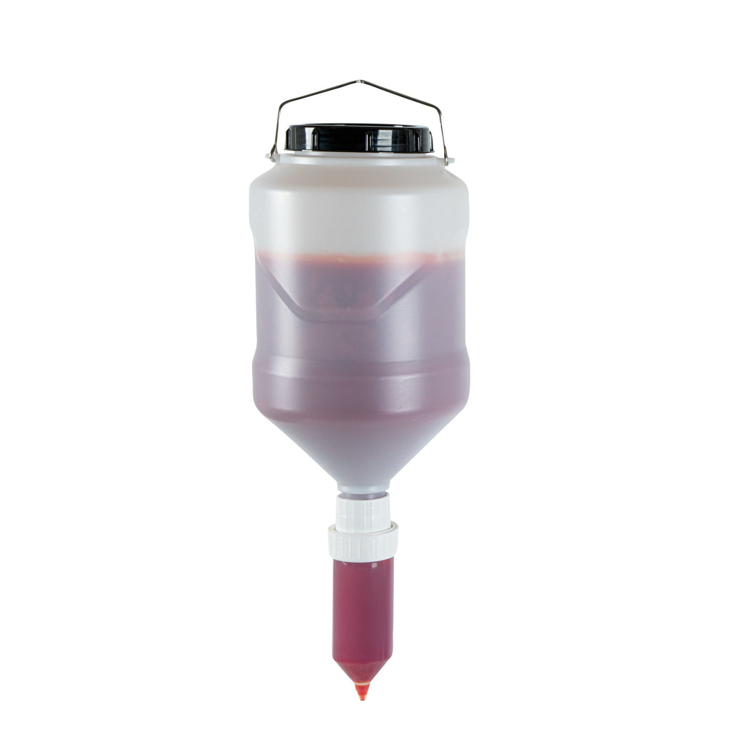 Sauce Tek 5L Plastic Hanging Bottle Condiment Pump Dispenser - with Squeeze Nozzle - 7 1/4" x 7 1/4" x 19 1/2" - 1 count box