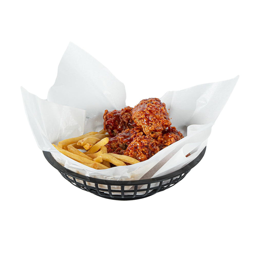 Chef 101 Round Black Plastic Fast Food Serving Basket - 7 3/4" x 7 3/4" x 2" - 100 count box