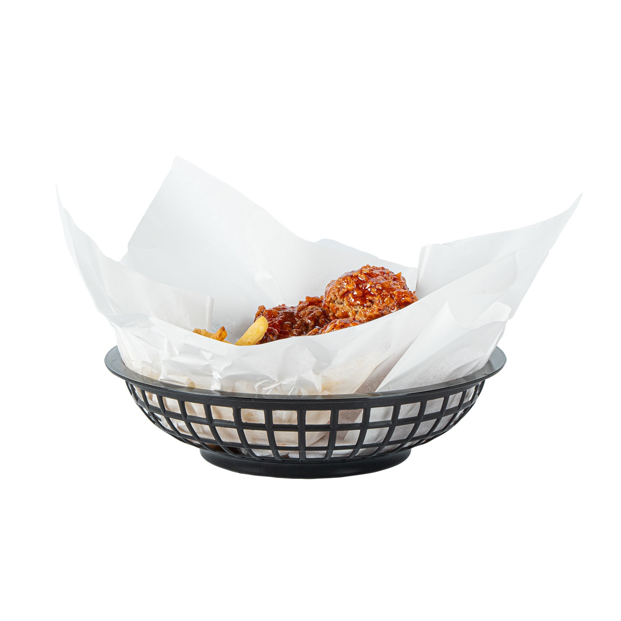 Chef 101 Round Black Plastic Fast Food Serving Basket - 7 3/4" x 7 3/4" x 2" - 100 count box