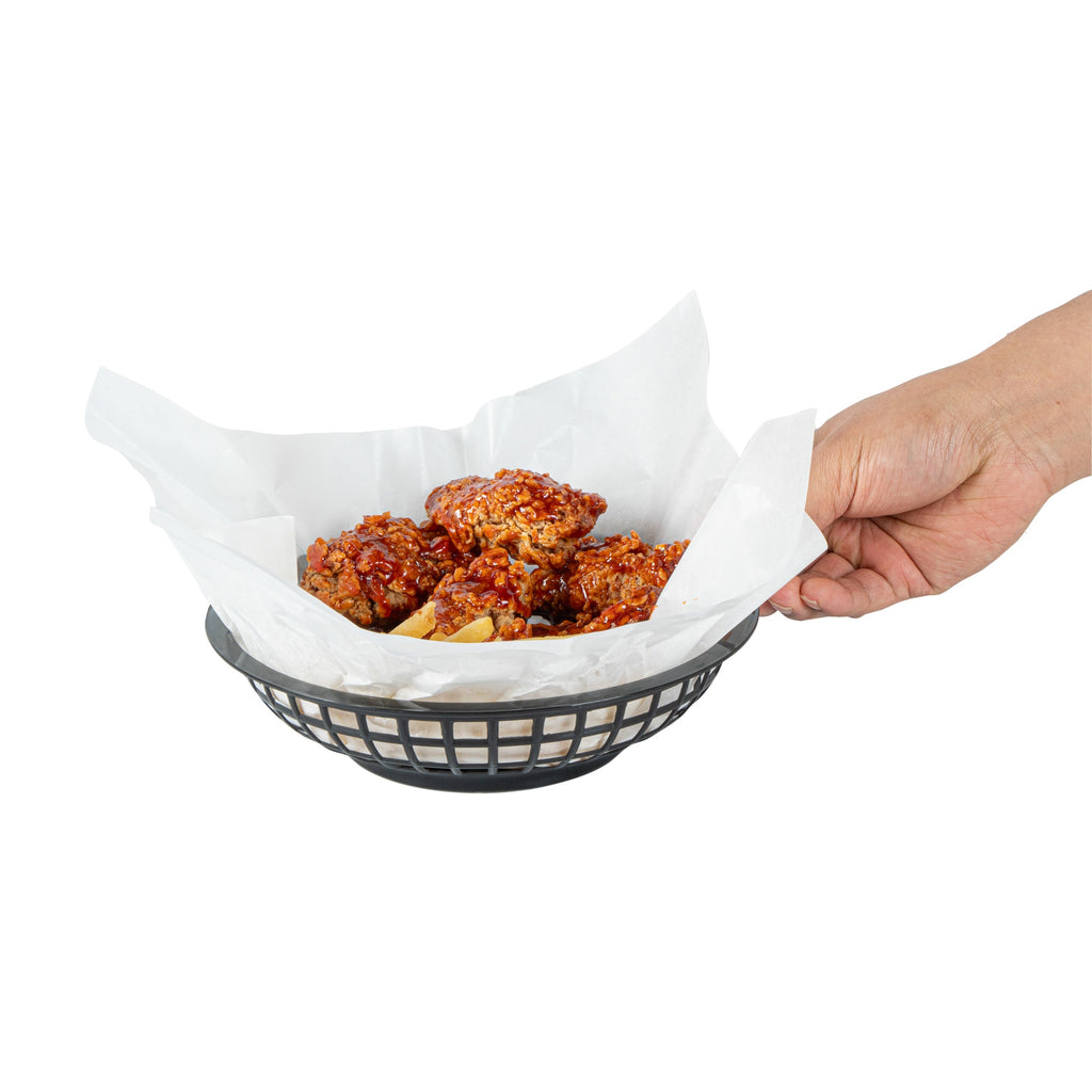Chef 101 Round Black Plastic Fast Food Serving Basket - 7 3/4" x 7 3/4" x 2" - 100 count box