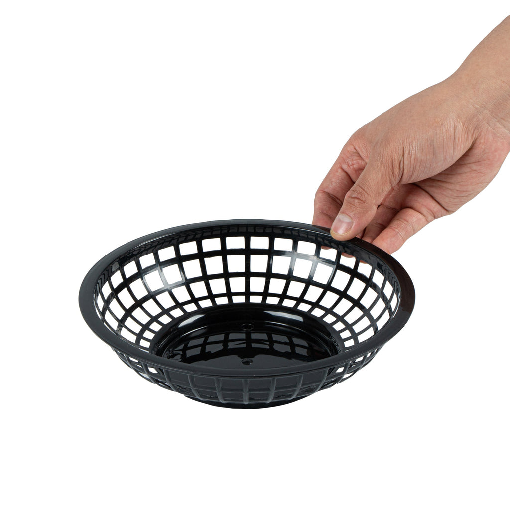 Chef 101 Round Black Plastic Fast Food Serving Basket - 7 3/4" x 7 3/4" x 2" - 100 count box