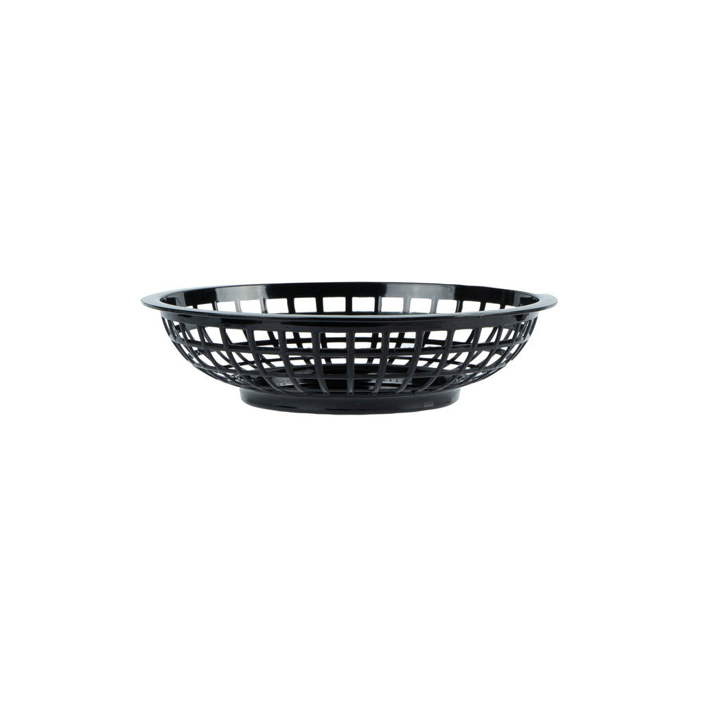 Chef 101 Round Black Plastic Fast Food Serving Basket - 7 3/4" x 7 3/4" x 2" - 100 count box