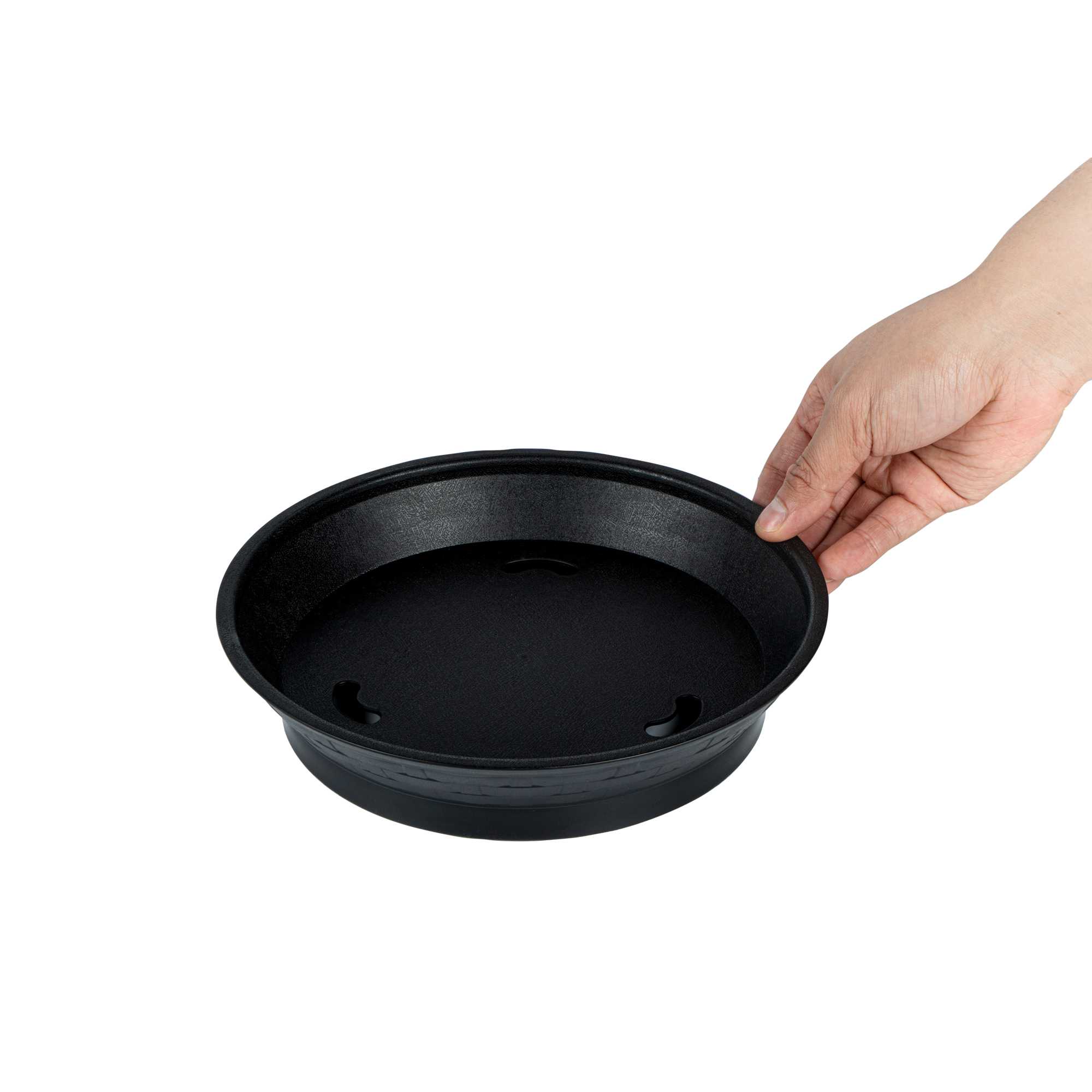 Chef 101 Round Black Plastic Diner Platter - with Base - 8 3/4" x 8 3/4" x 1 3/4" - 10 count box