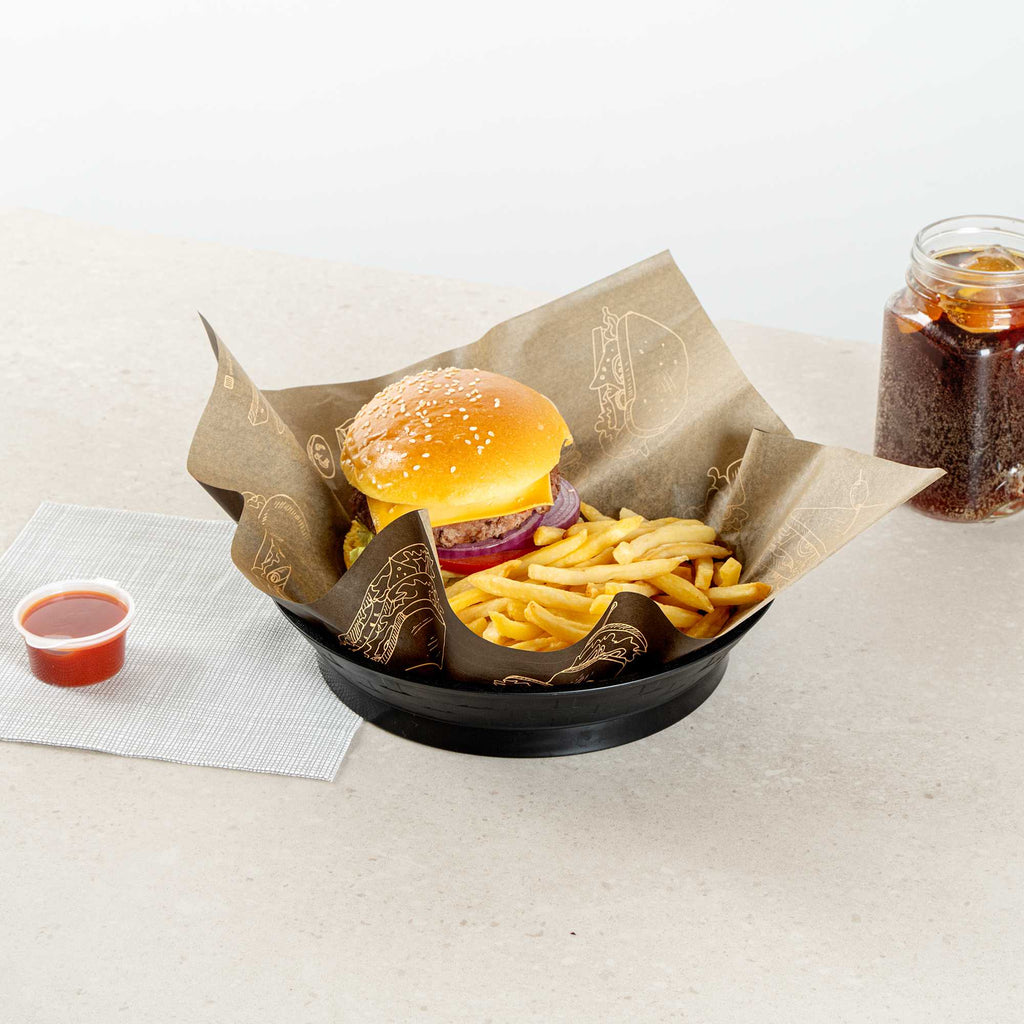 Chef 101 Round Black Plastic Diner Platter - with Base - 8 3/4" x 8 3/4" x 1 3/4" - 10 count box