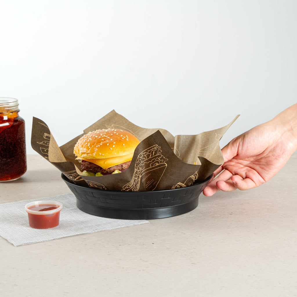 Chef 101 Round Black Plastic Diner Platter - with Base - 8 3/4" x 8 3/4" x 1 3/4" - 100 count box
