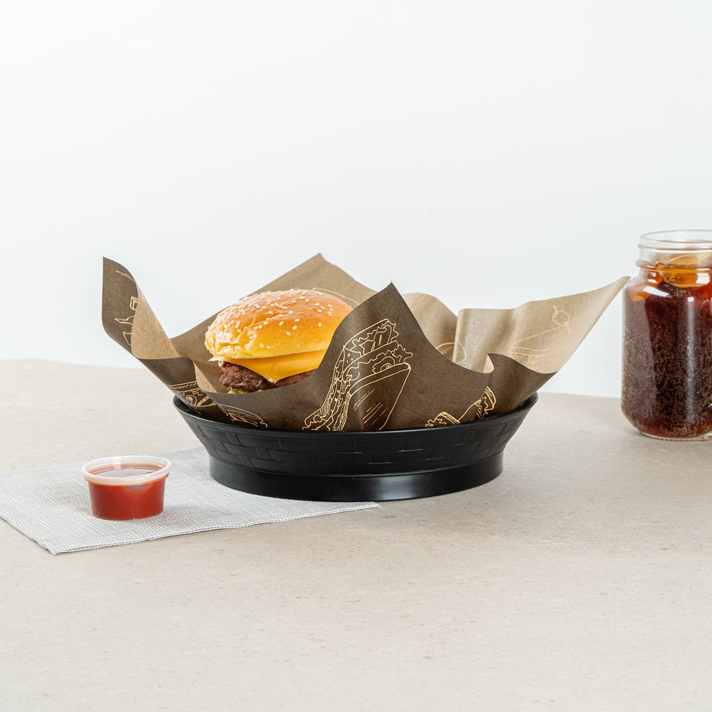 Chef 101 Round Black Plastic Diner Platter - with Base - 8 3/4" x 8 3/4" x 1 3/4" - 100 count box