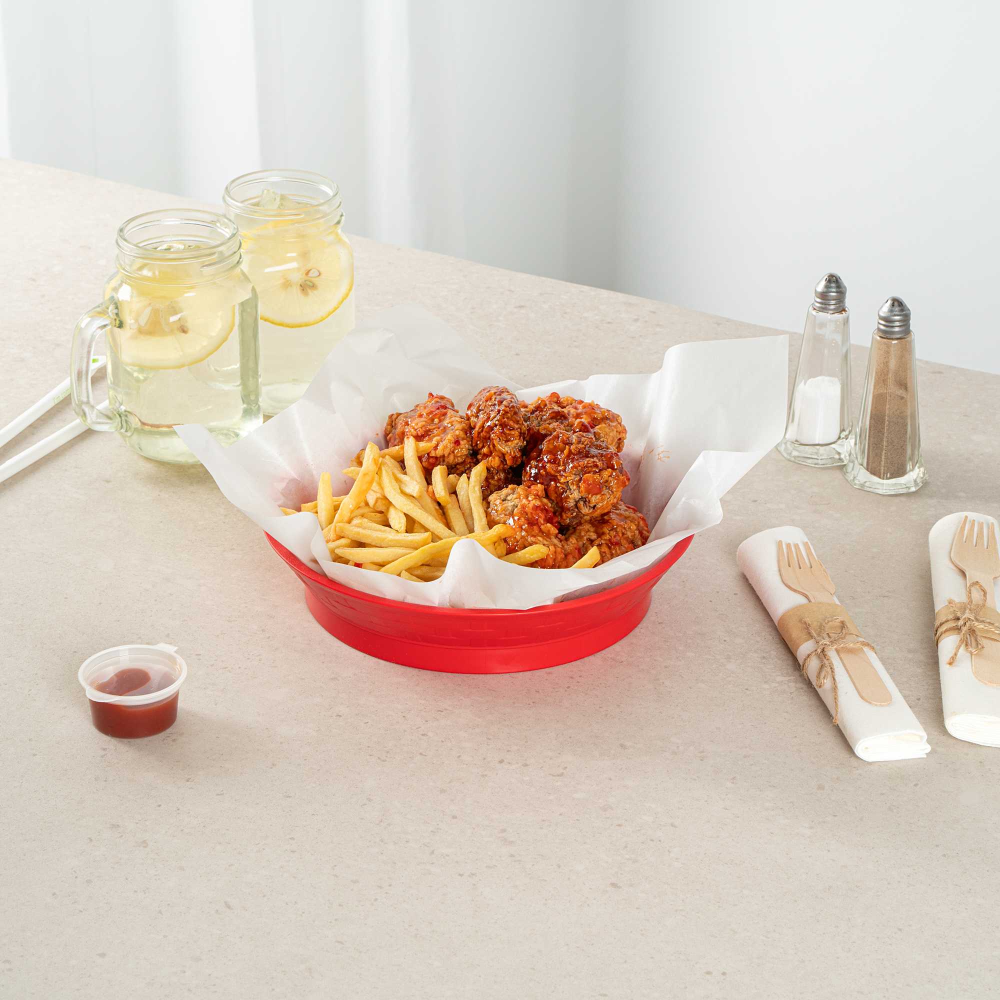 Chef 101 Round Red Plastic Diner Platter - with Base - 8 3/4" x 8 3/4" x 1 3/4" - 10 count box