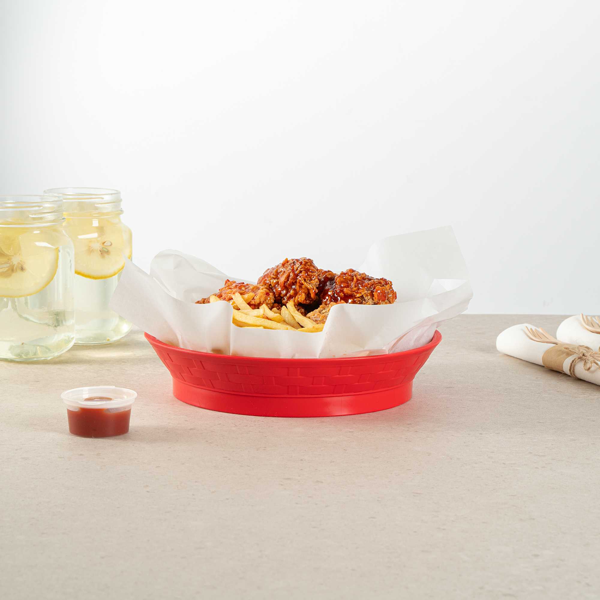 Chef 101 Round Red Plastic Diner Platter - with Base - 8 3/4" x 8 3/4" x 1 3/4" - 10 count box